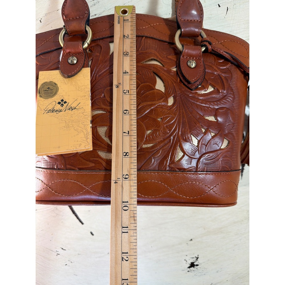 Patricia Nash Leather Shoulder Bag Women Medium Tan Gold Tooled Floral Tassel - Picture 4 of 9